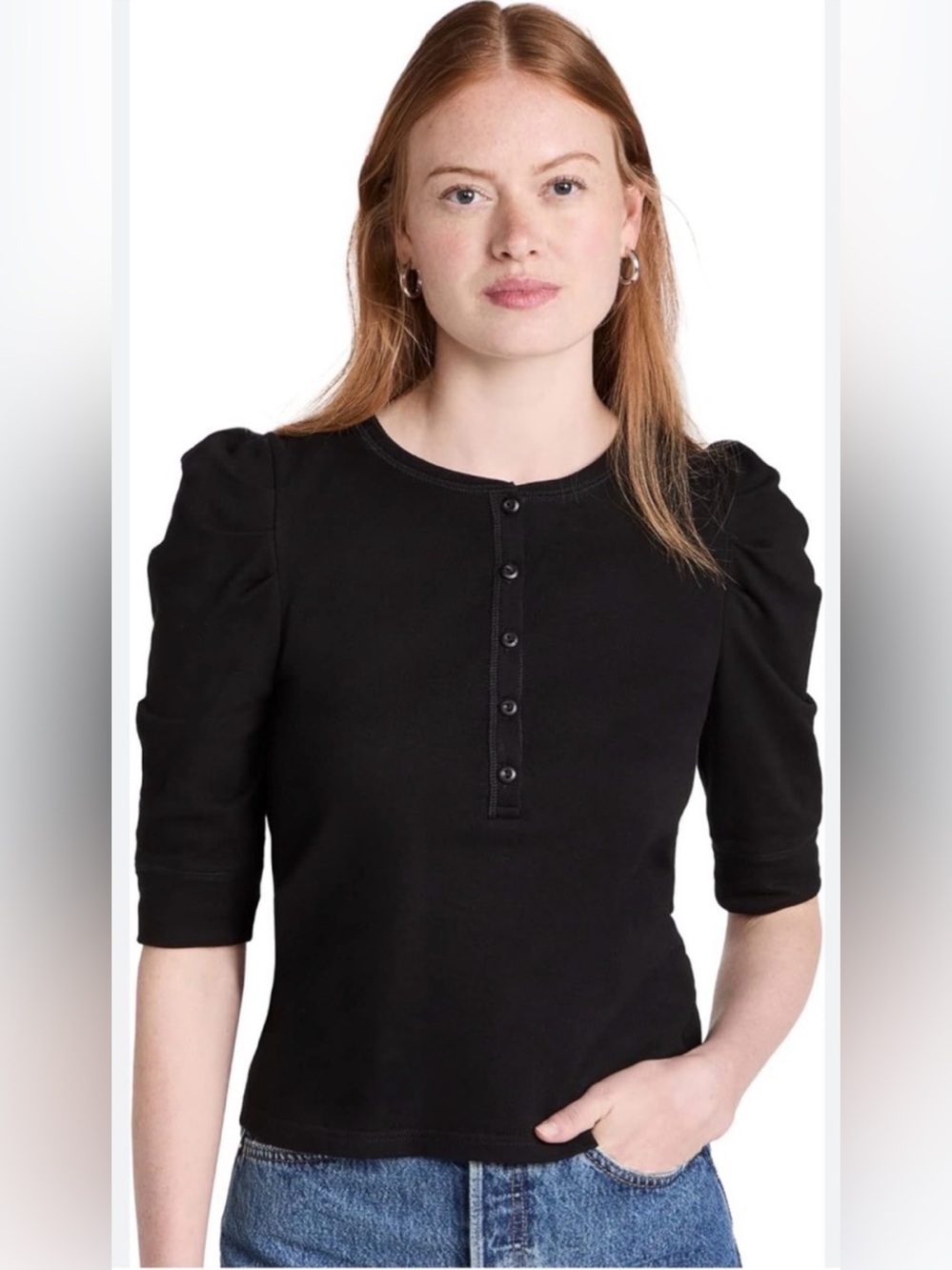 Rebecca Minkoff Black Janine Henley Puff Short Sleeve Size Large